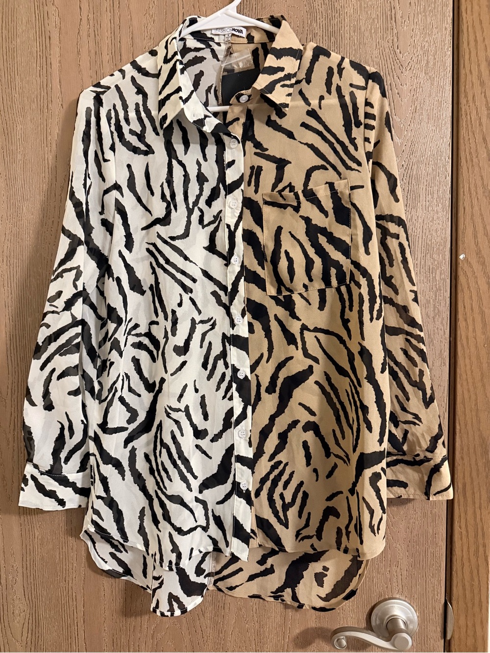 Fashion Nova Split Zebra Print Button-Up Blouse - Black & Cream